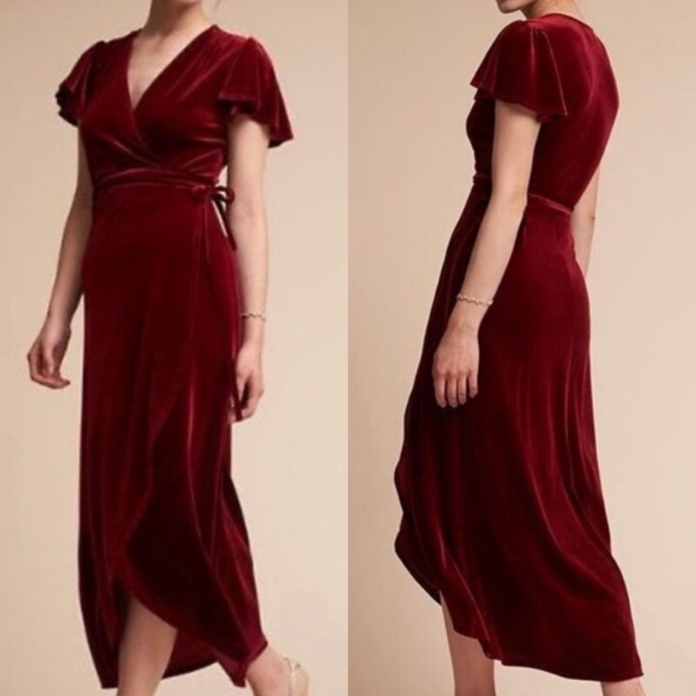 BHLDN Velvet Wrap Maxi Dress in Deep Burgundy